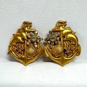 Vtg Kirks Folly Nautical Celestial Dolphin Anchor Gold Tone Clip On Earrings